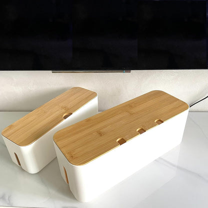 Cable Management Box with Bamboo Lid, Small Power Strip Organizer, Black