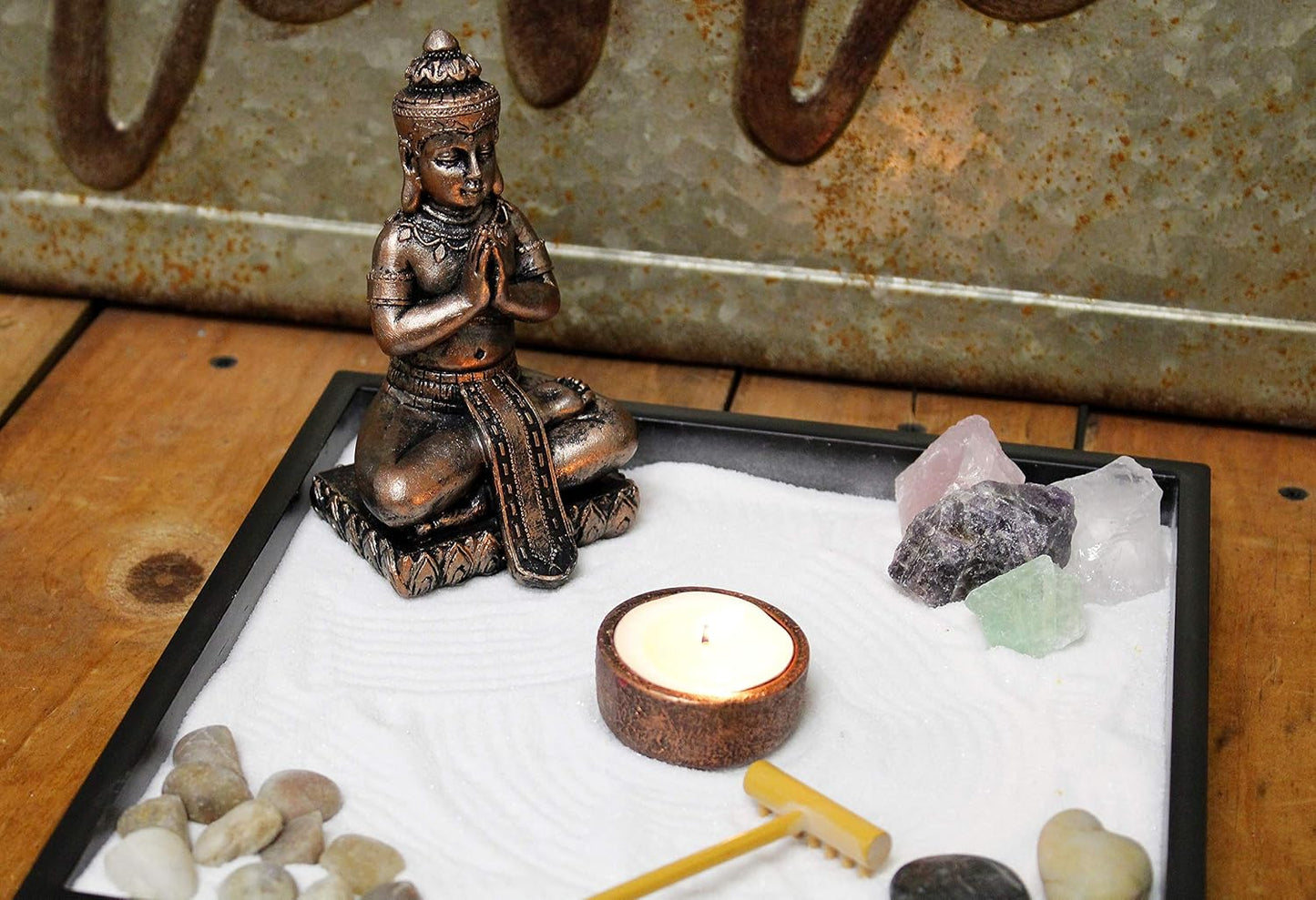 Nature's Mark Mini Zen Garden Kit for Desk with Rake, White Sand, Lotus Figure, 3 Sections Black Square Base, River Rocks and Black Rocks (9Lx9W C)