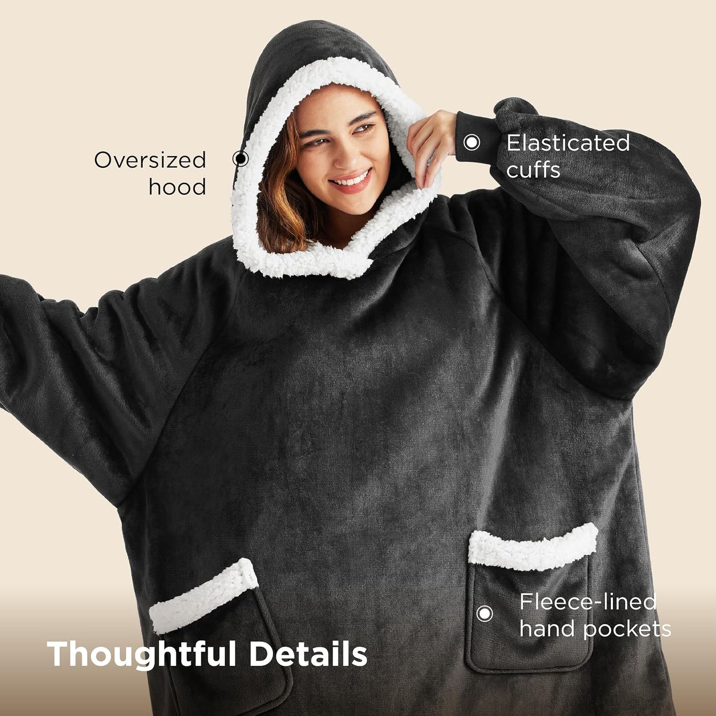 Bedsure Blanket Hoodie, Wearable Blanket Hoodie as Gifts for Mom, Birthday Gifts for Women Kids Teens Mother's Day Sherpa Sweatshirt, Grey, Standard