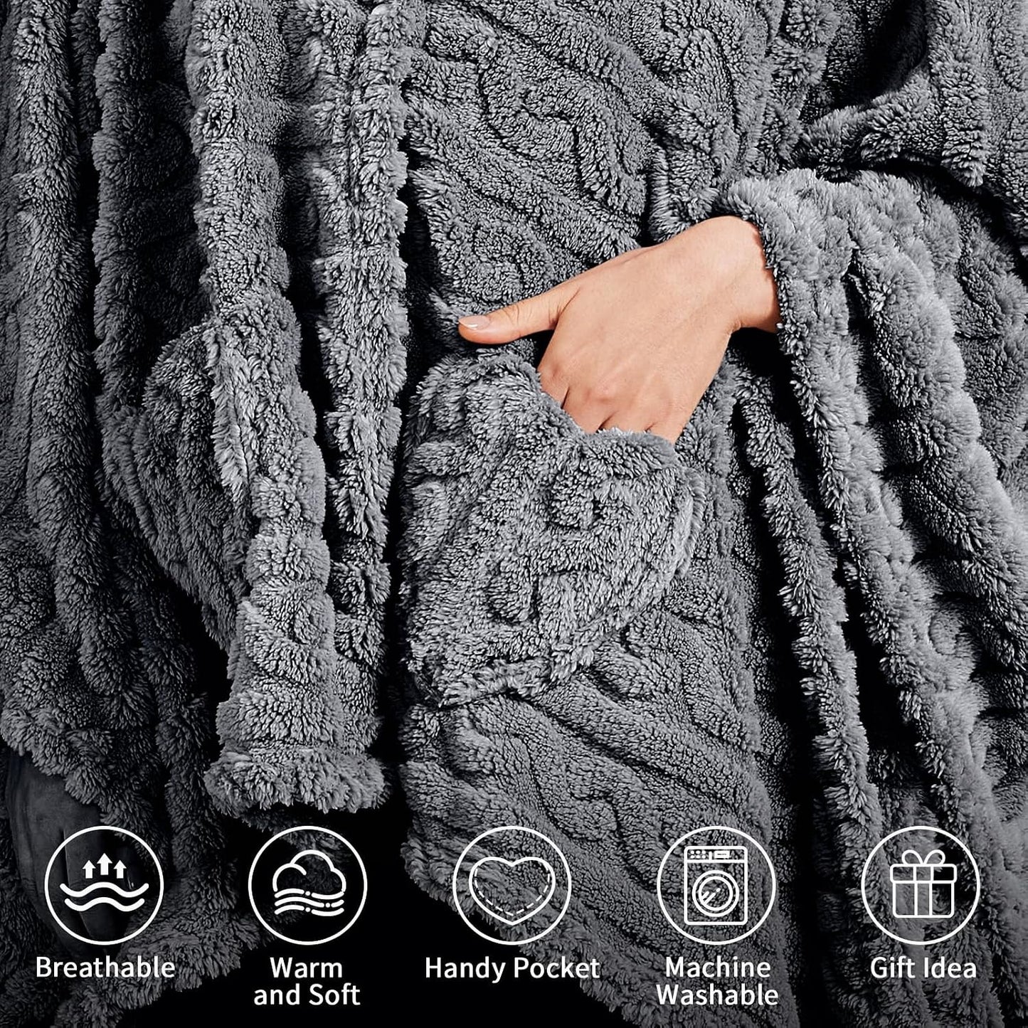 Wearable Blanket Poncho Cape Wrap for Adult, Cozy Sherpa Fleece Pocketed Shawl TV Throw Blankets for Office and Lounge(Purple,58'' x 64'')