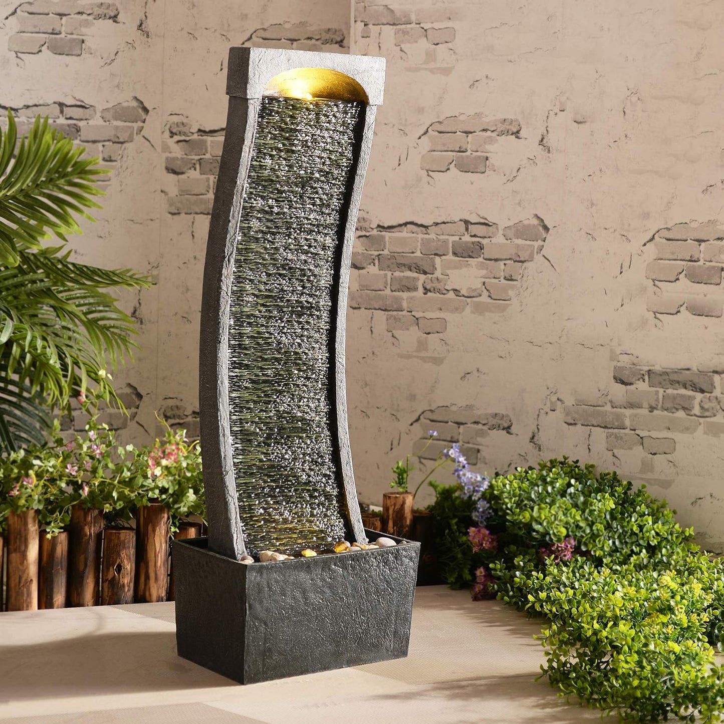 Teamson Home 38.58 in. Modern Curved Faux Slate Waterfall Fountain for Indoors or Outdoors with LED Light Accents and 1.98-Gallon Pump, Black and Stone Gray | Freestanding Floor Garden Waterfall, LED Lights, Weatherproof Polyresin, For Patio & Yard