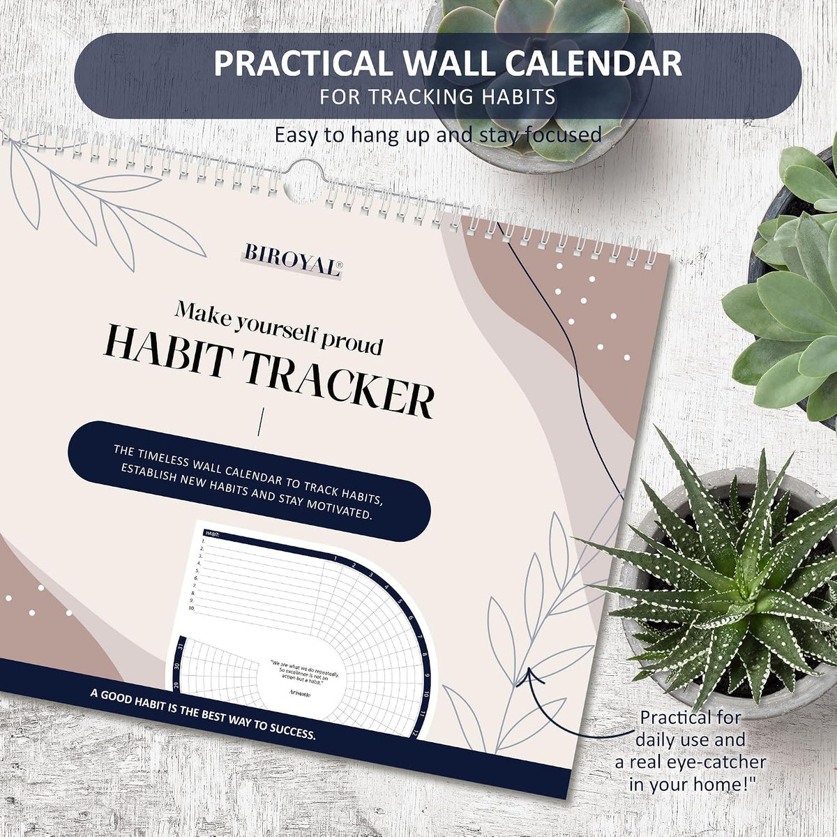 BIROYAL Habit Tracker Calendar 2026 (Undated 12 Months) - Daily Habit Tracker Jounal with Spiral Binding & Hanger - Goal Tracker - Motivational Monthly Habit Calendar - Productivity Tool and Workout Calendar - 8.3" x 11.2" (A4 Size)