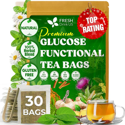 FreshDrinkUS, Premium 30 Tea Bags Glucose Functional Tea – Herbal Blend with Gymnema, Cinnamon, Bitter Melon, Tulsi & More –– Caffeine-Free. Sugar-Free. Gluten-Free. Vegan