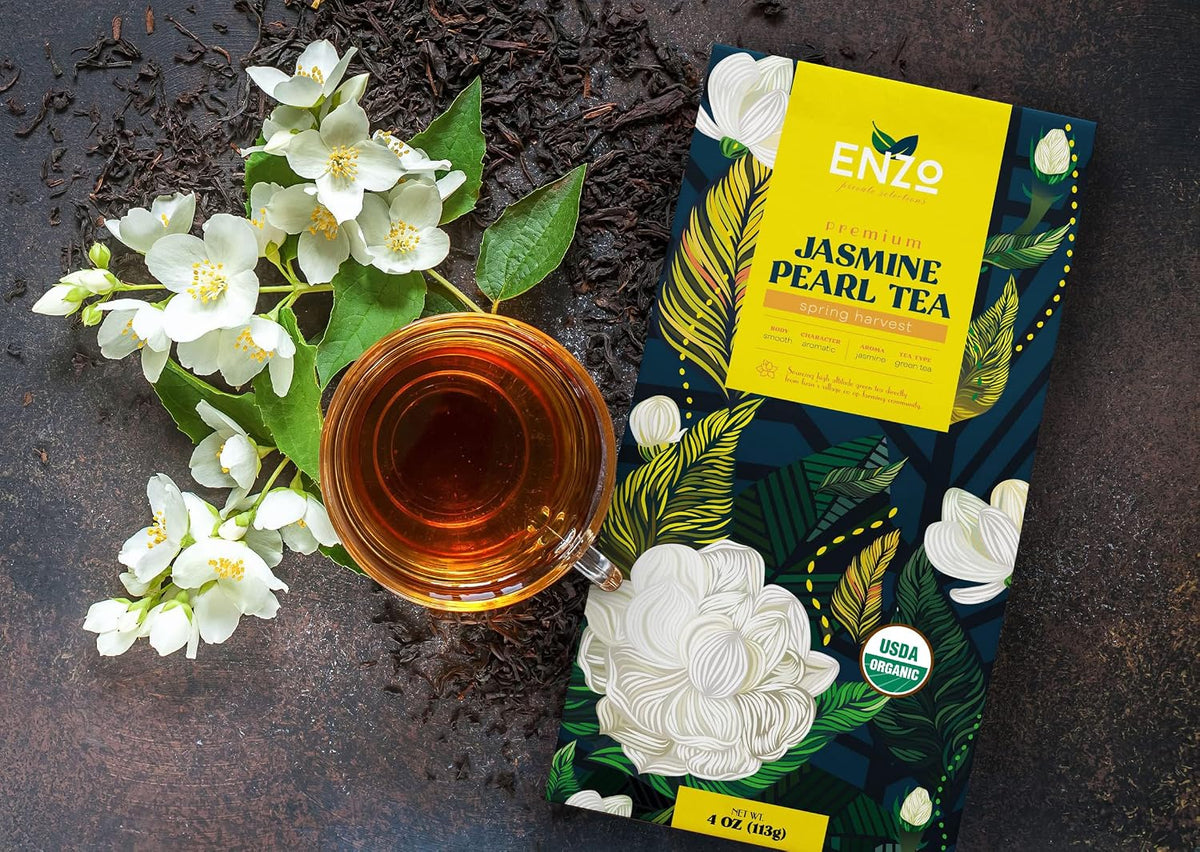Organic Jasmine Green Tea Pearls - 4oz 113g - Dragon Pearl Tea by Enzo - Experience Soothing Scent of Jasmine Mellows Awaking Caffiene of Green Tea Pearl (Jasmine)