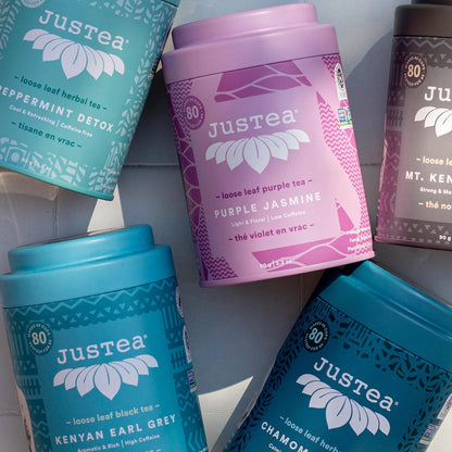 JusTea PURPLE JASMINE Loose Purple Tea, 40+ Cups Tin + Spoon, 2/5 Caffeine