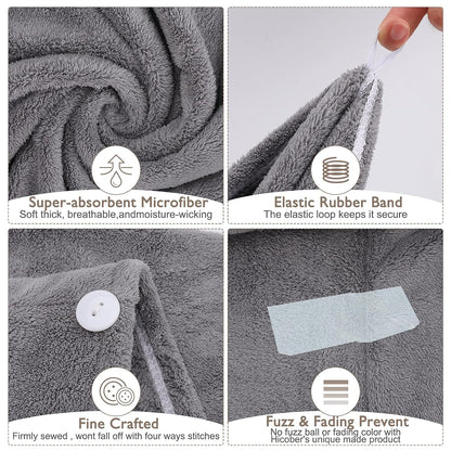 2 Pack Microfiber Hair Towel - 41 x 24 inches Super Soft, Absorbent, Fast Drying Without Frizz Hair Towel Wrap for Women Long, Thick, Curly Hair - Hair Turbans with Elastic Strap