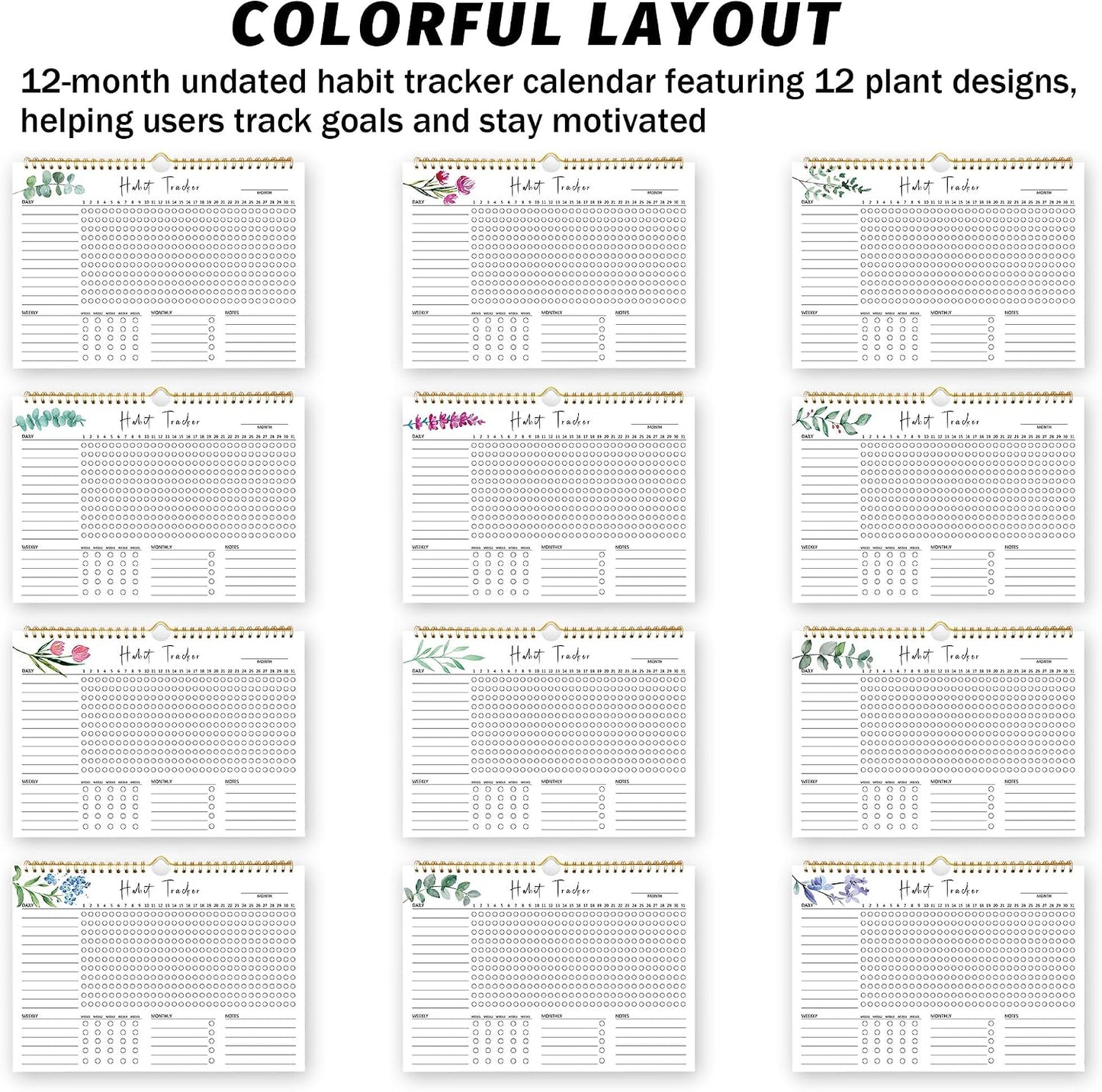 Habit Tracker Calendar, Aesthetic Daily Weekly Goal and Habit Tracker Journal, 12 Months Undated Habits Tracker Planner with Spiral Binding, Boost Productivity Tool and Workout Calendar, 11.7"x8.5"