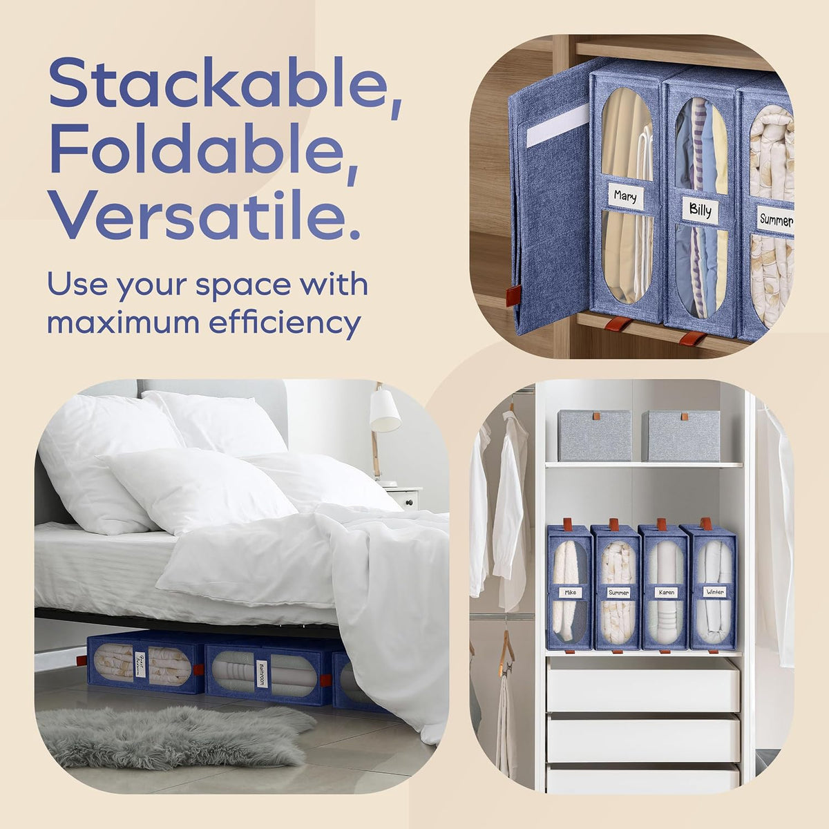 4x Bed Sheet Organizer Storage Boxes with Big See-Through Windows - Bedsheet Organizers Redesigned. Robust Bed Sheet Storage -15x13x5 in. Sheet Organizers Containers (Off-White)