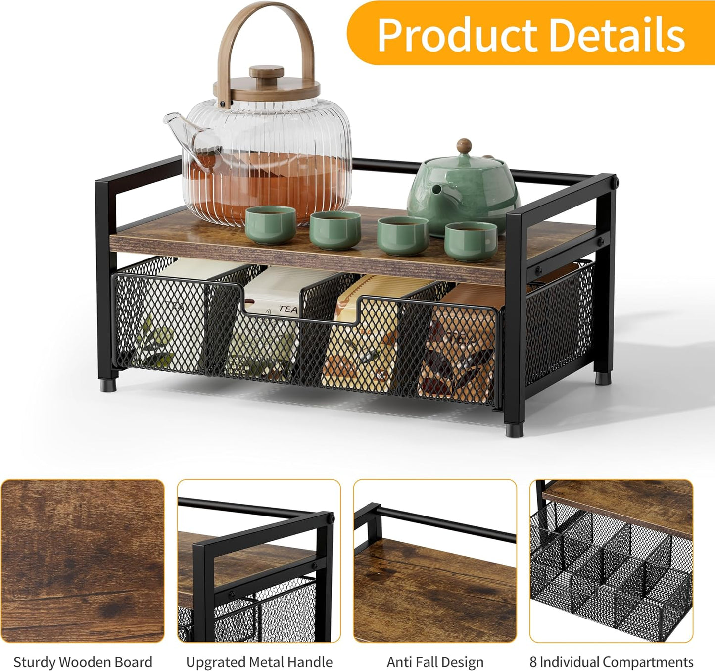 Tea Bag Organizer, Tea Bag Holder with Drawer, Wood and Metal Tea Organizers and Storage Chest for Countertop Kitchen, Office, Rustic Brown