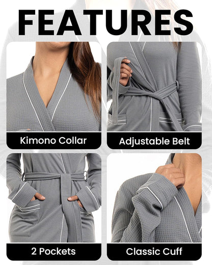 Cotton Blend Lightweight Waffle Robe for Women Knee-Length Soft Bathrobe