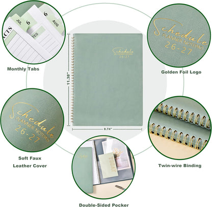 Appointment Book 2026-2027- Business Planner, JUL 2026 - JUN 2027,Planner 2026-2027, 3-Tier Schedule Planner, 8.74" x 11.38", 60 Minutes Intervals + Monthly Tabs + Leather Cover + Pocket - Pea Green