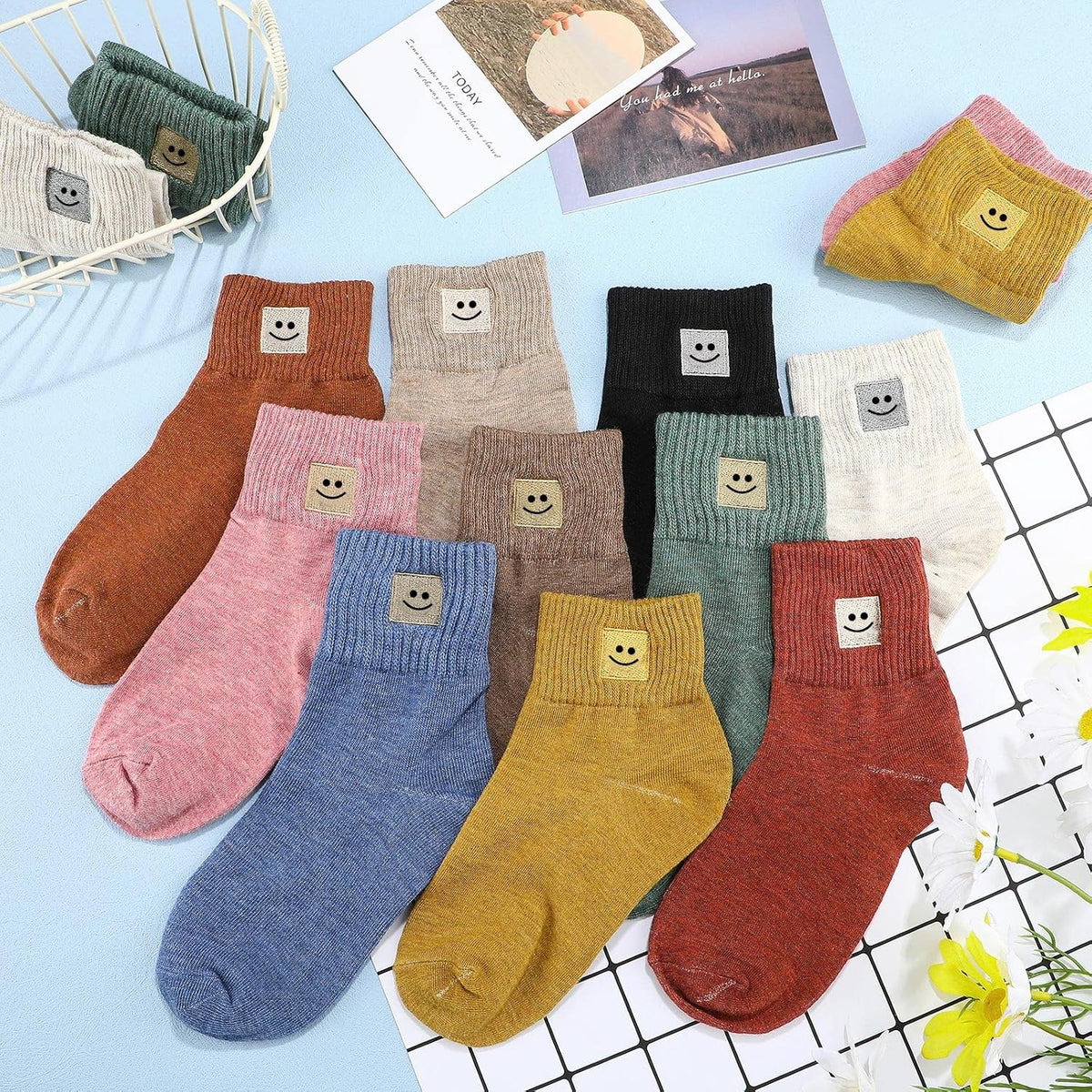 Eurzom 10 Pairs Socks Womens Crew Elastic Ankle Length Cotton Socks Aesthetic Cute Lightweight Low Cut Gifts for Women - Colors B