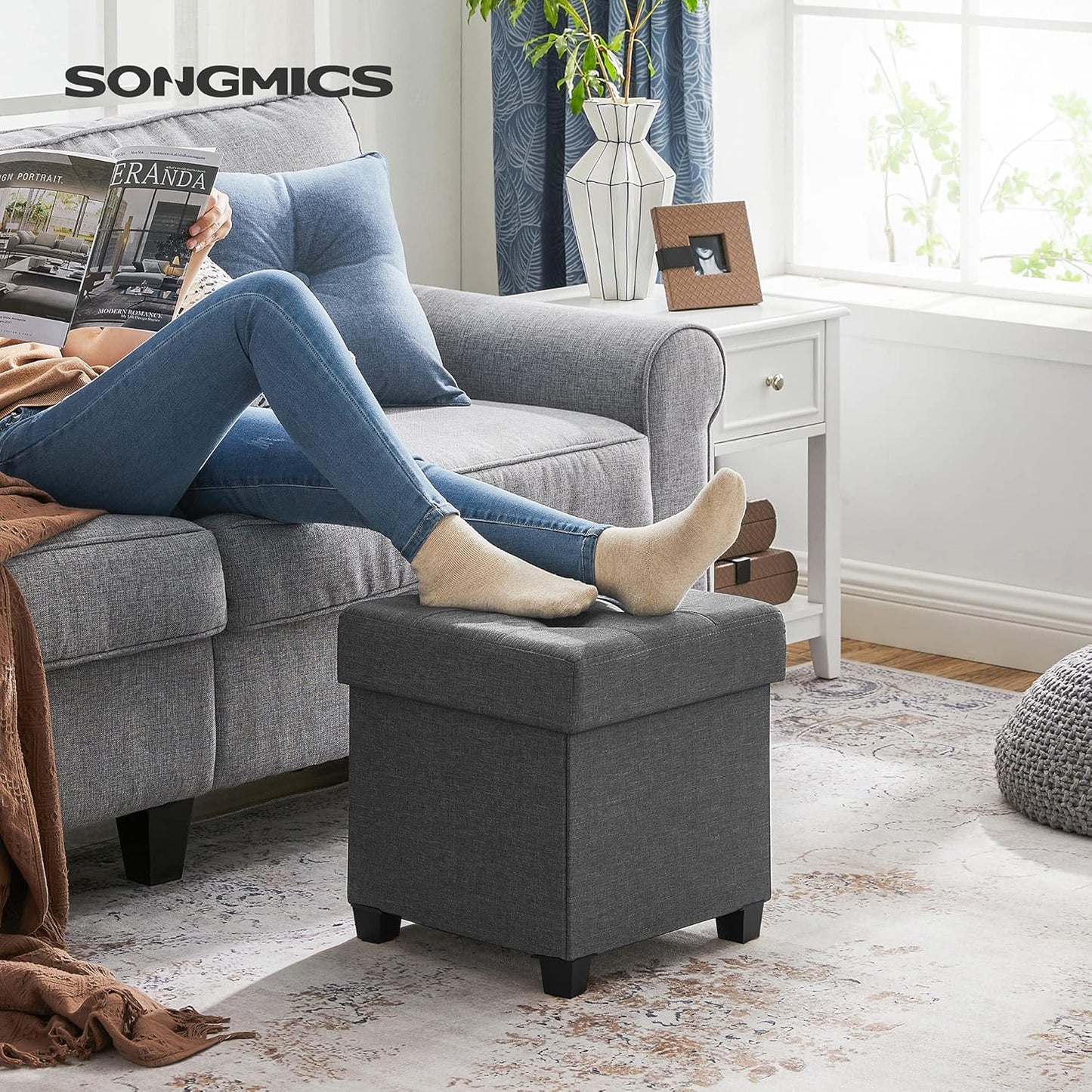 SONGMICS Storage Ottoman, Small Ottoman Foot Rest with Legs, 12.6 x 15.7 x 13.2 Inches Foot Stool, Load up to 660 lb, for Living Room, Bedroom, Dorm, Slate Gray ULSF012G01