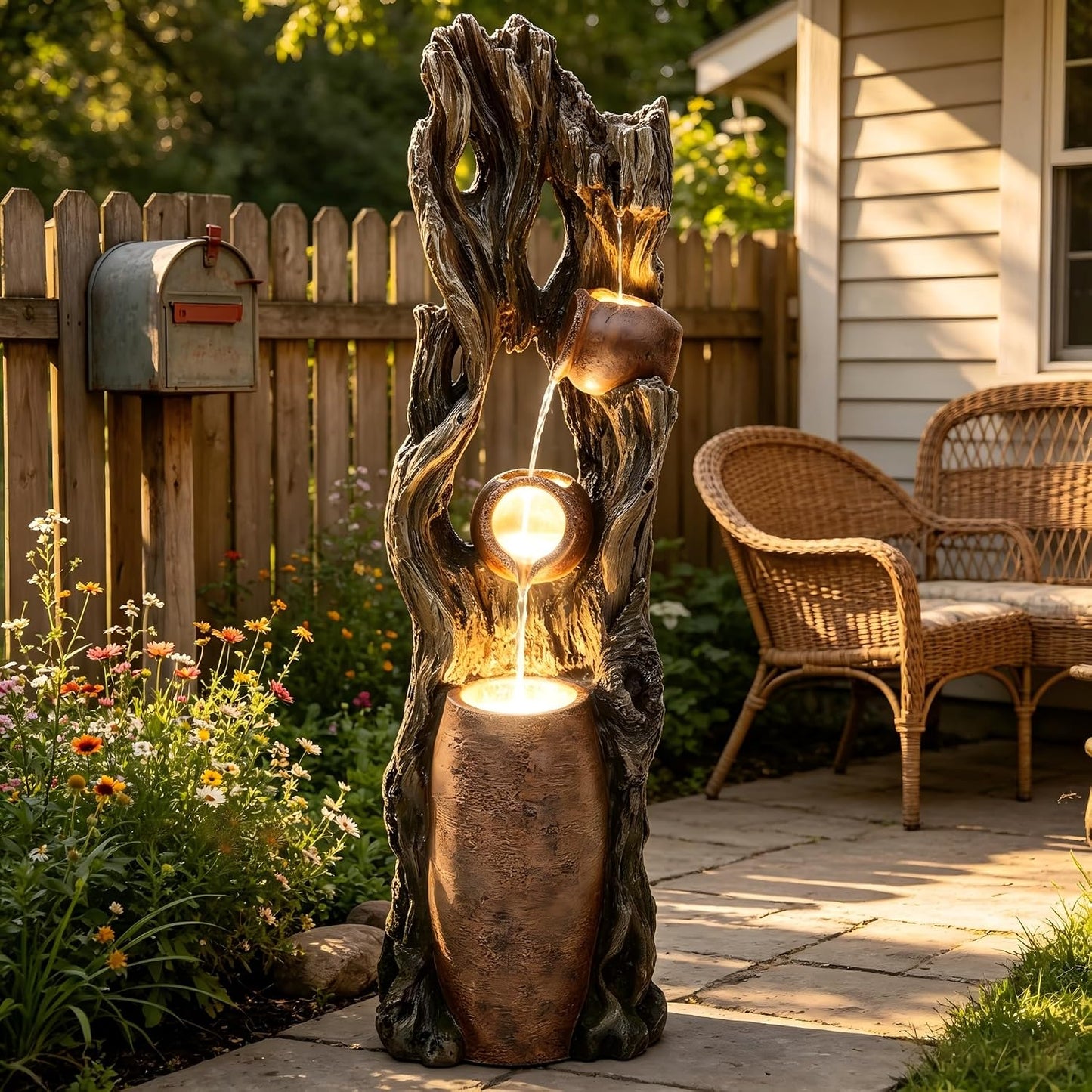 19.5" H 4-Tier Indoor & Outdoor Water Fountain with LED Lights | Resin Pebble Textured Tabletop Cascading Water Feature, Relaxing Decor for Patio, Porch, Deck, Yard & Home