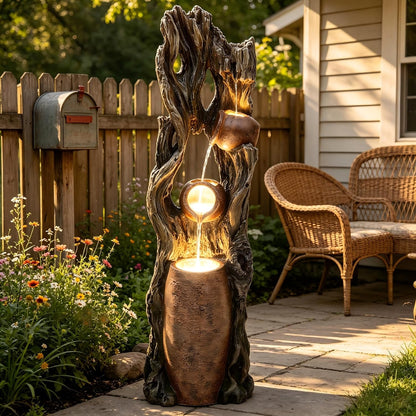 19.5" H 4-Tier Indoor & Outdoor Water Fountain with LED Lights | Resin Pebble Textured Tabletop Cascading Water Feature, Relaxing Decor for Patio, Porch, Deck, Yard & Home