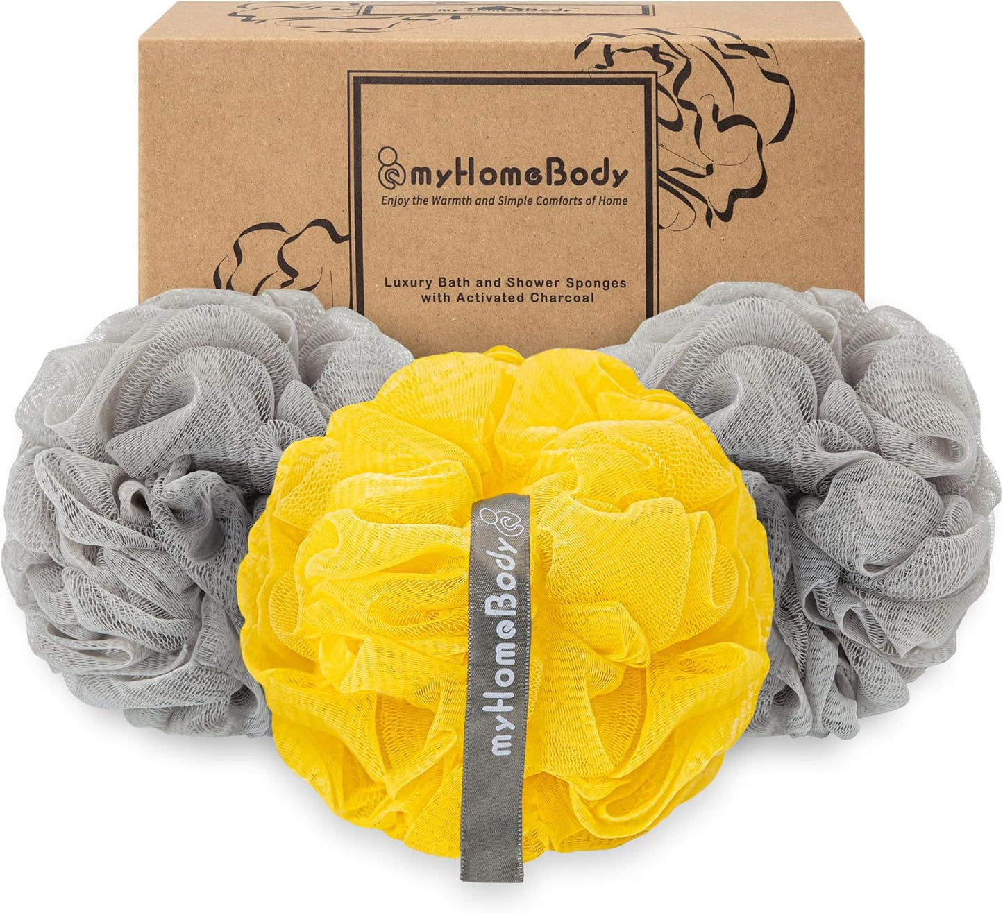 myHomeBody Large 70g Loofah Sponge, Bath Body Scrubber for Women, Men, Exfoliating Shower Pouf with Activated Charcoal - 2 Graphite Gray + 1 Sage Green, 3 Pack