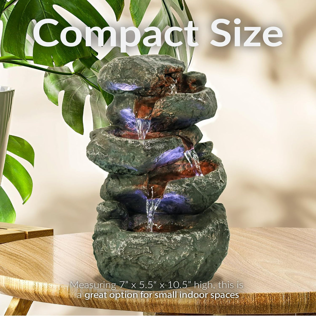 Sunnydaze 10" 5-Step Tabletop Water Fountain with LED Lights, Stacked Rocks