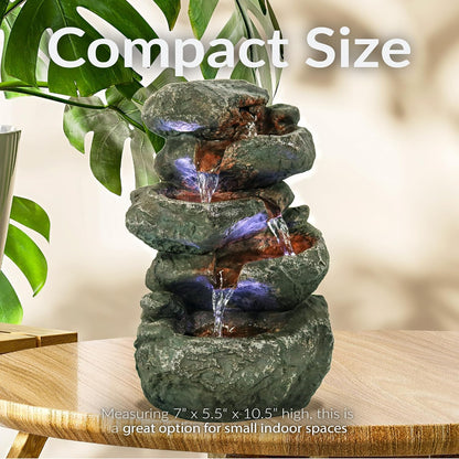 Sunnydaze 10" 5-Step Tabletop Water Fountain with LED Lights, Stacked Rocks