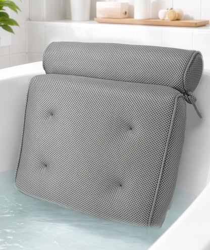 Everlasting Comfort Luxury Bath Pillows for Tub with Head and Neck Support - Non-Slip Bathtub Pillow with Suction Cups, Quick-Drying Mesh & Drying Hook - Jacuzzi & Spa Accessories for Women - Gray