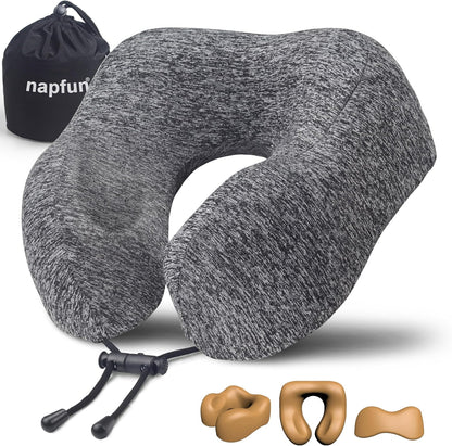 napfun Neck Pillow for Traveling, Upgraded Travel Neck Pillow for Airplane 100% Pure Memory Foam Travel Pillow for Flight Headrest Sleep, Portable Plane Accessories, Light Grey