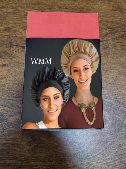 2Pcs Satin Hair Bonnets,Silk Bonnet for Sleeping, Soft Elastic Band Silk Sleep Cap, Hair Wrap for Women (Gold Black)