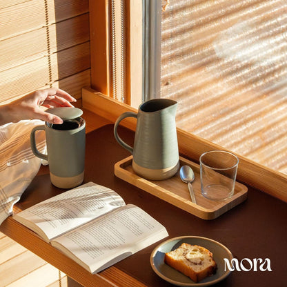 Mora Ceramics Large Tea Mug with Loose Leaf Infuser and Ceramic Lid, 18 oz, Portable, Microwave and Dishwasher Safe, Tall Coffee Cup - Rustic Matte Ceramic Glaze, Modern Herbal Tea Strainer, Olive