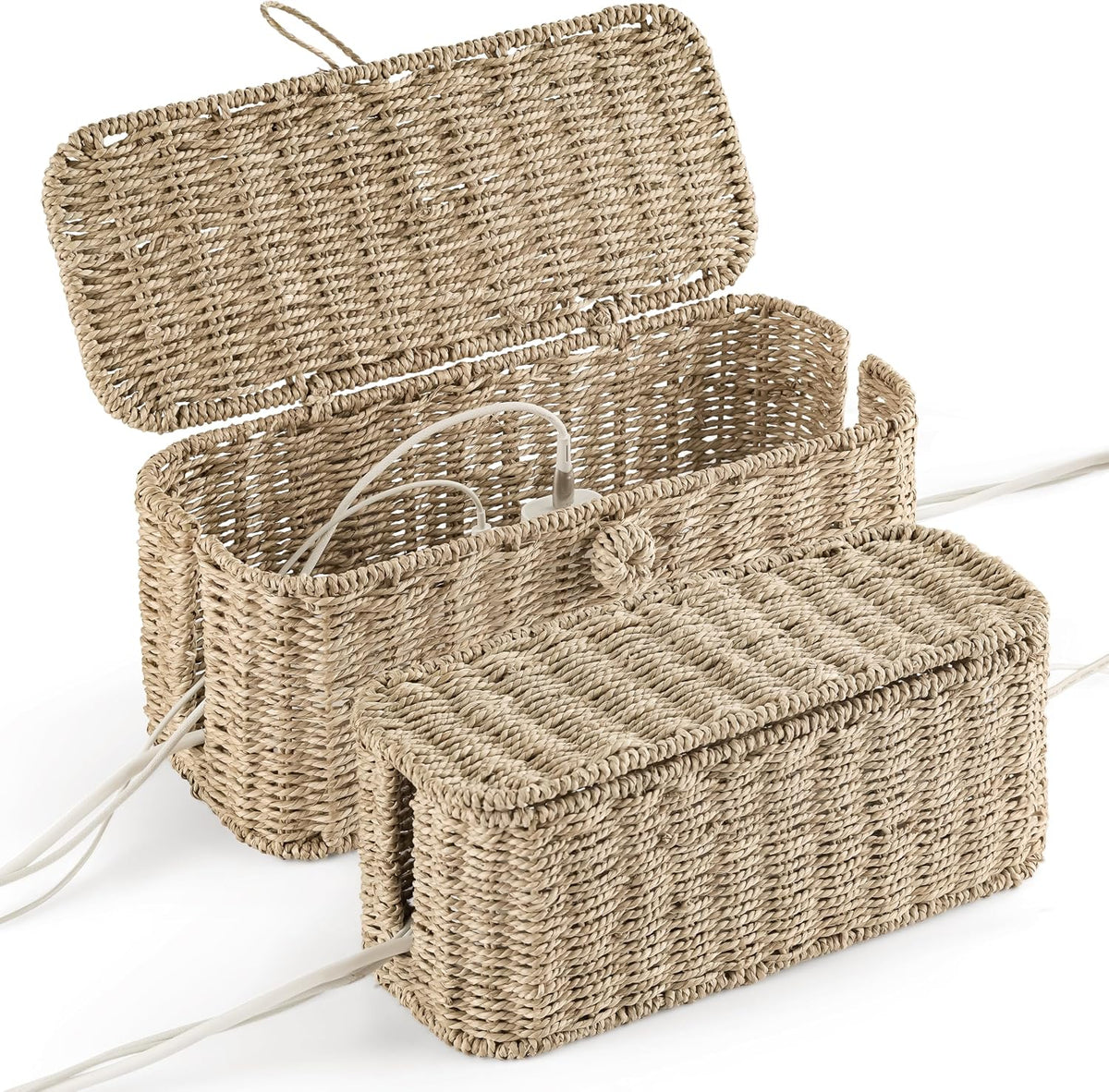Bluewest 2-Pack Cable Management Box with Lids, Rattan Cord Organizer