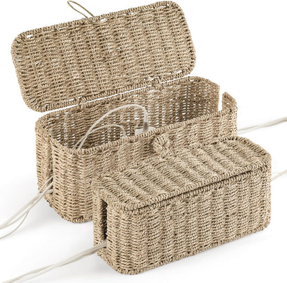 Bluewest 2-Pack Cable Management Box with Lids, Rattan Cord Organizer