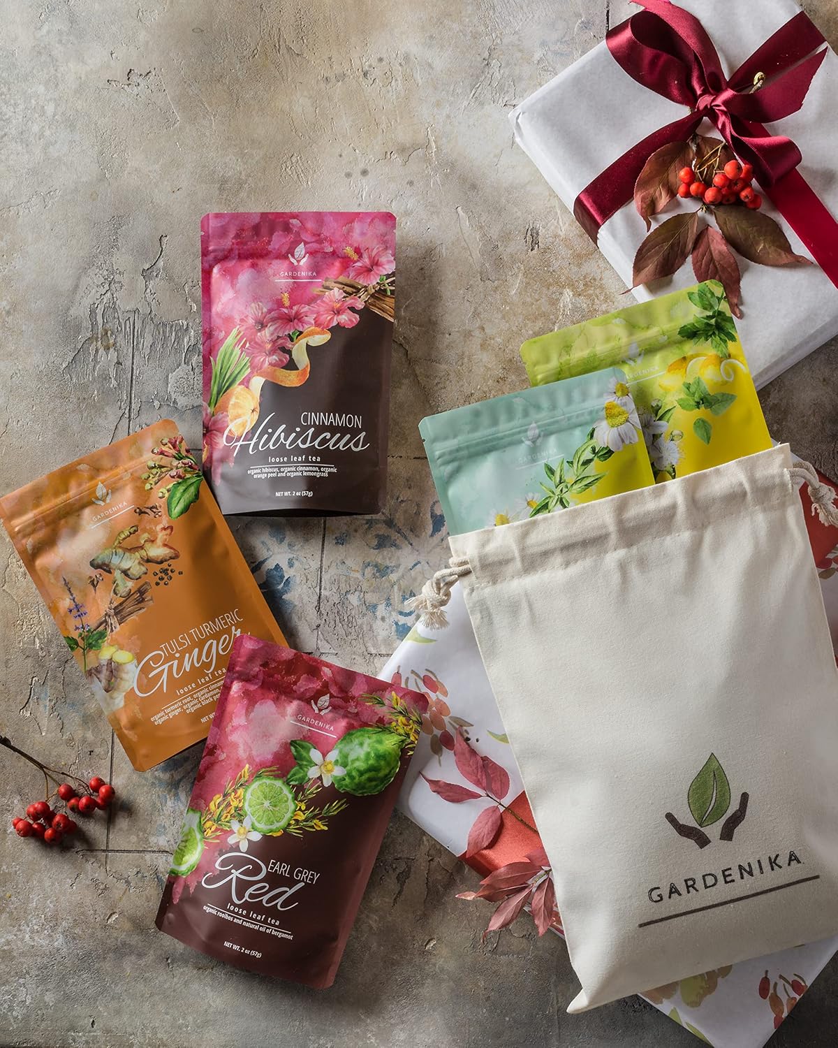 Gardenika Organic Loose Leaf Tea Sampler - Herbal Caffeine-Free Set - Ayurvedic Blend, KSA Kosher, No Natural or Artificial Flavors (5 Pack)