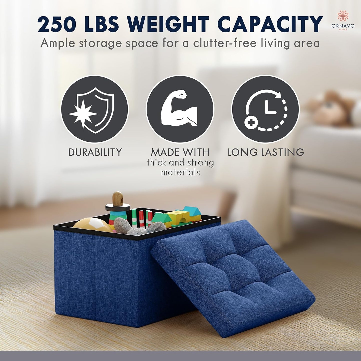 Ornavo Home Small Storage Ottoman Foldable Collapsible Rectangle Linen Ottoman Foot Rest Stool Seat, for Living Room, Bedroom, Home Office, Dorm - 12 x 16 x 12, Black