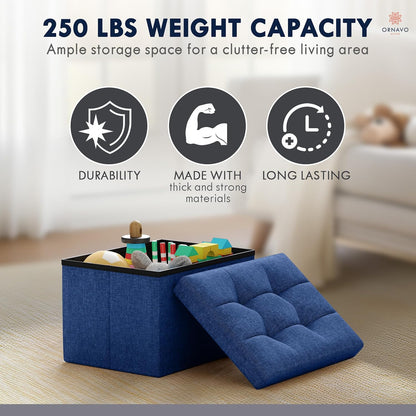 Ornavo Home Small Storage Ottoman Foldable Collapsible Rectangle Linen Ottoman Foot Rest Stool Seat, for Living Room, Bedroom, Home Office, Dorm - 12 x 16 x 12, Black