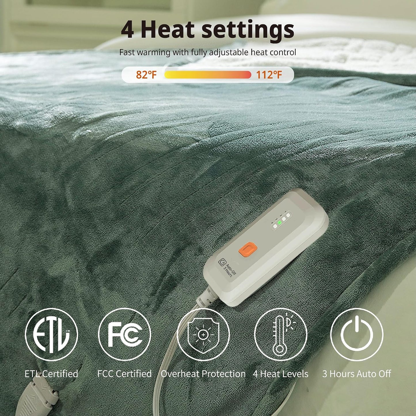GOTCOZY Heated Throw Blanket, 50''X60'' - Soft Silky Plush Electric Blanket with 4 Heating Levels & 3 Hour Auto Off, ETL Certified, Machine Washable (Grey)