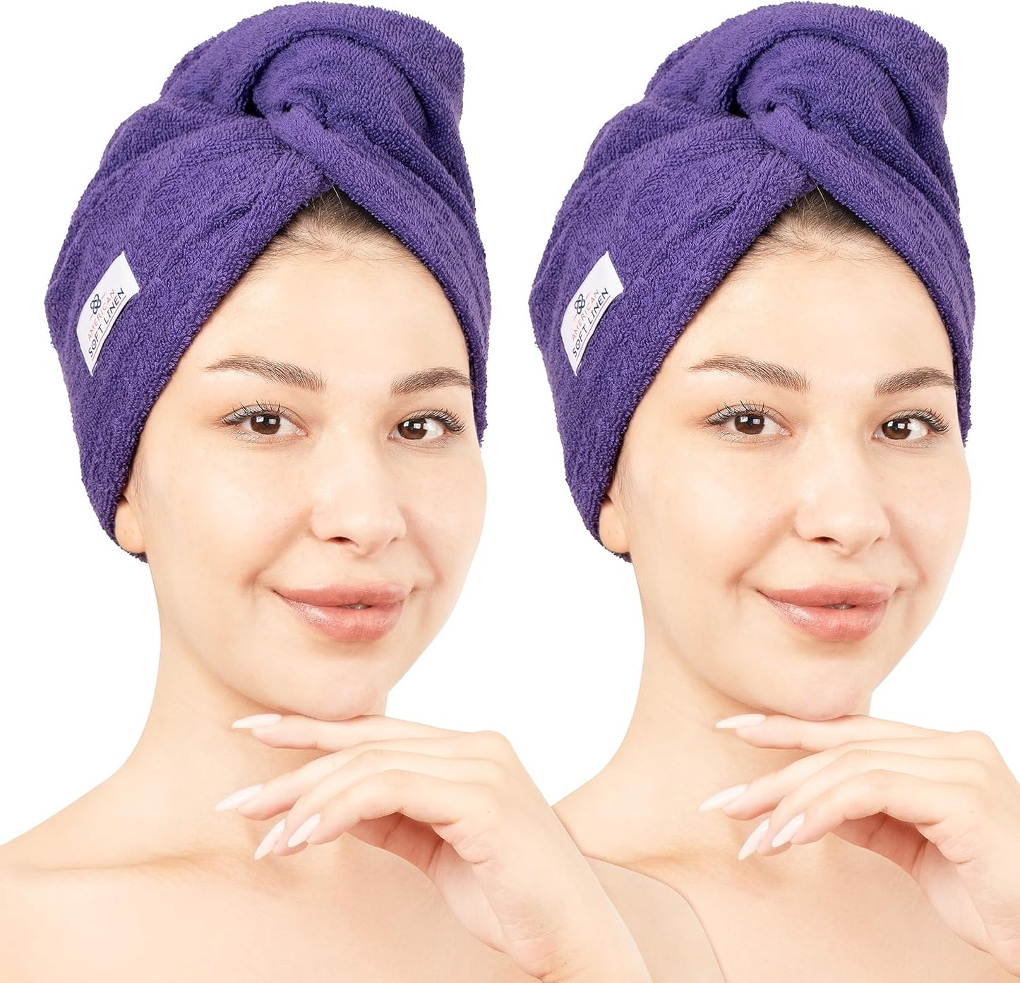 American Soft Linen 100% Cotton Hair Towels for Women, Head Towel Cap, Cotton Hair Turban Towel Wrap for Long Curly Anti Frizz Hair, Soft and Absorbent Cotton Hair Towels 2 Pack, White