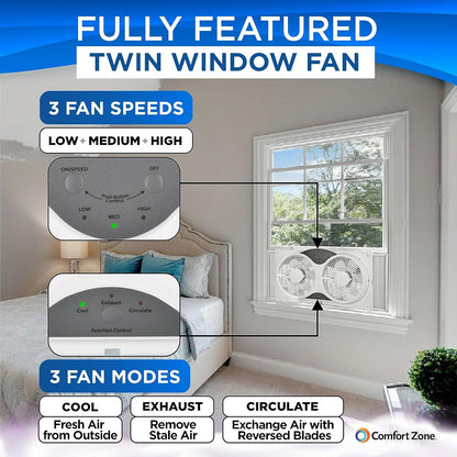 Comfort Zone Twin Window Fan with Reversible Airflow Control, 9 inch, Auto-Locking Expanders, 2 Speed Fan, Dual Fan, Exhaust, Airflow 9.84 ft/sec, Ideal for Home, Kitchen, Bedroom & Office, CZ319WT
