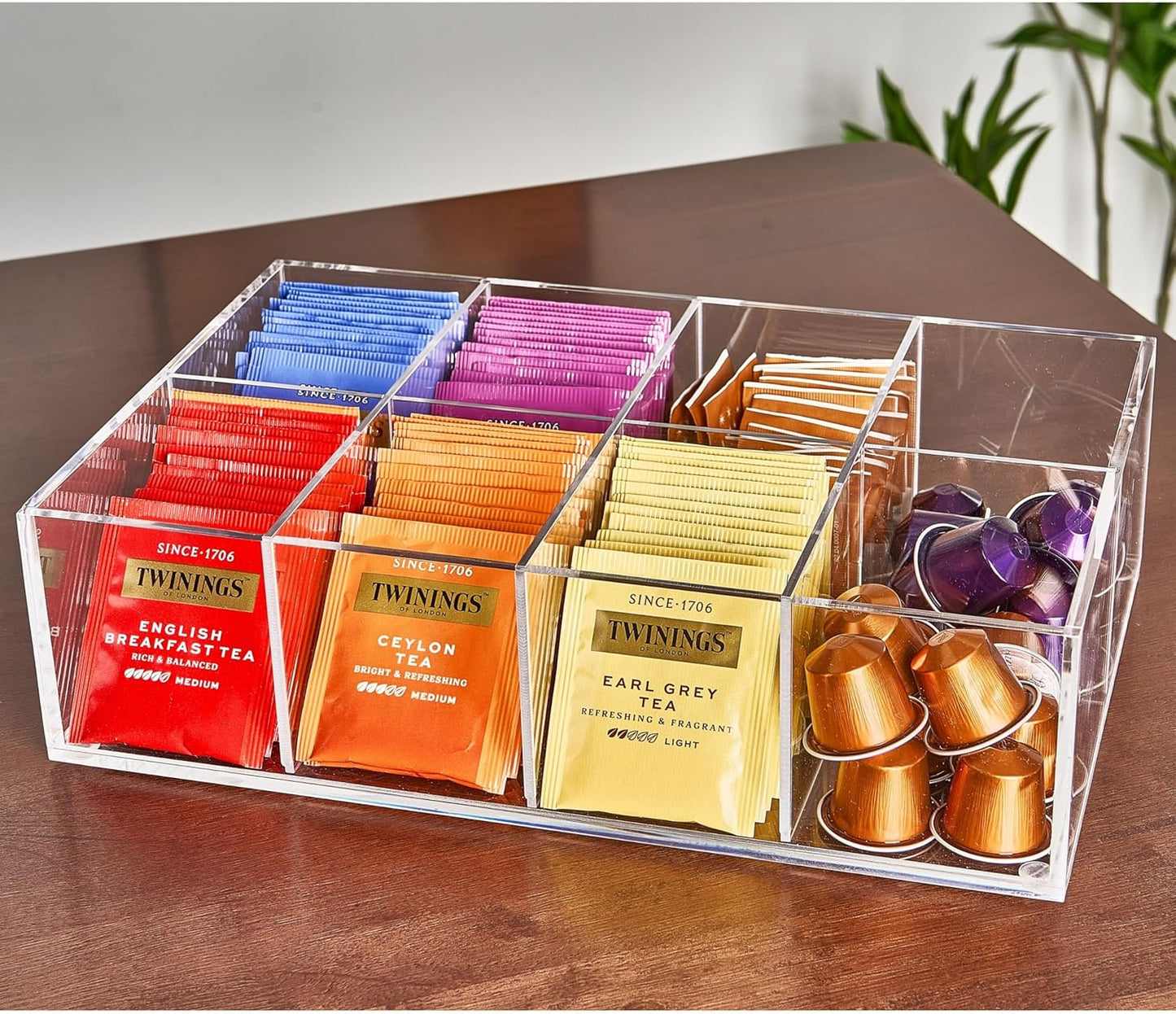 Heavy-Duty Acrylic Tea Bag Organizer, 8-Compartment Storage Box | Perfect Organizer: 8-compartment design keeps tea bags and coffee pods neatly sorted, saving space on your countertop.