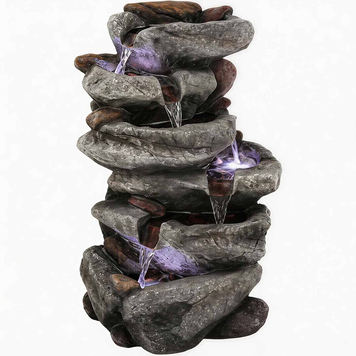 19.5" H 4-Tier Indoor & Outdoor Water Fountain with LED Lights | Resin Pebble Textured Tabletop Cascading Water Feature, Relaxing Decor for Patio, Porch, Deck, Yard & Home