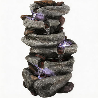 19.5" H 4-Tier Indoor & Outdoor Water Fountain with LED Lights | Resin Pebble Textured Tabletop Cascading Water Feature, Relaxing Decor for Patio, Porch, Deck, Yard & Home