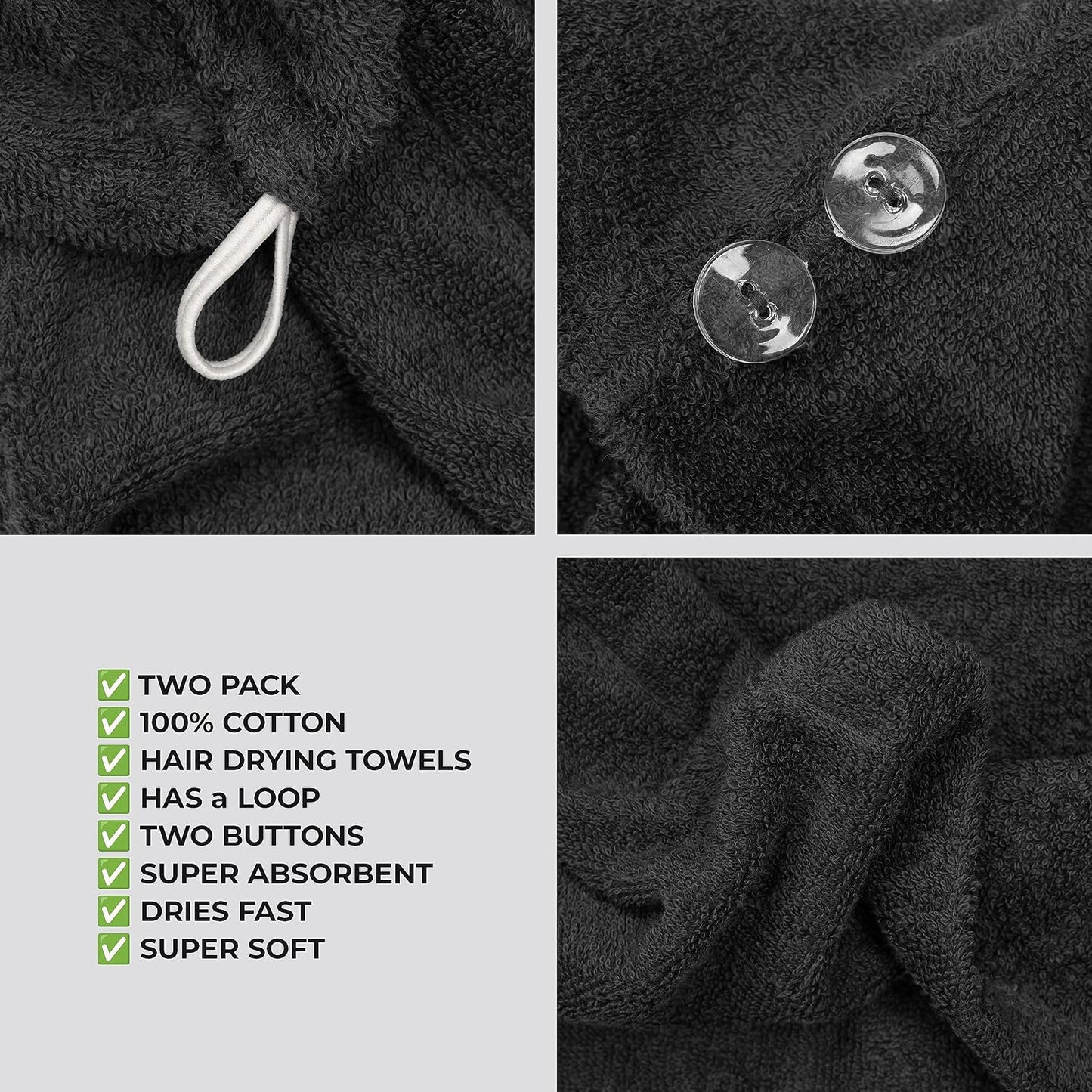 American Soft Linen 100% Cotton Hair Towels for Women, Head Towel Cap, Cotton Hair Turban Towel Wrap for Long Curly Anti Frizz Hair, Soft and Absorbent Cotton Hair Towels 2 Pack, White
