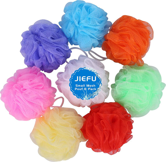 Bath Sponges, Small Size Colorful Shower Sponges Exfoliating Mesh Pouf Bath Ball Body Scrubber for Travel Pack of 8