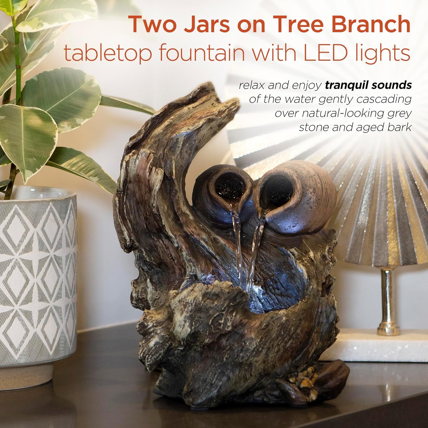 Alpine Corporation | 14"H Indoor Tiered Log Tabletop Fountain with LED Lights — Cascading Waterfall Design Creates Relaxing Ambiance for Home & Office Décor