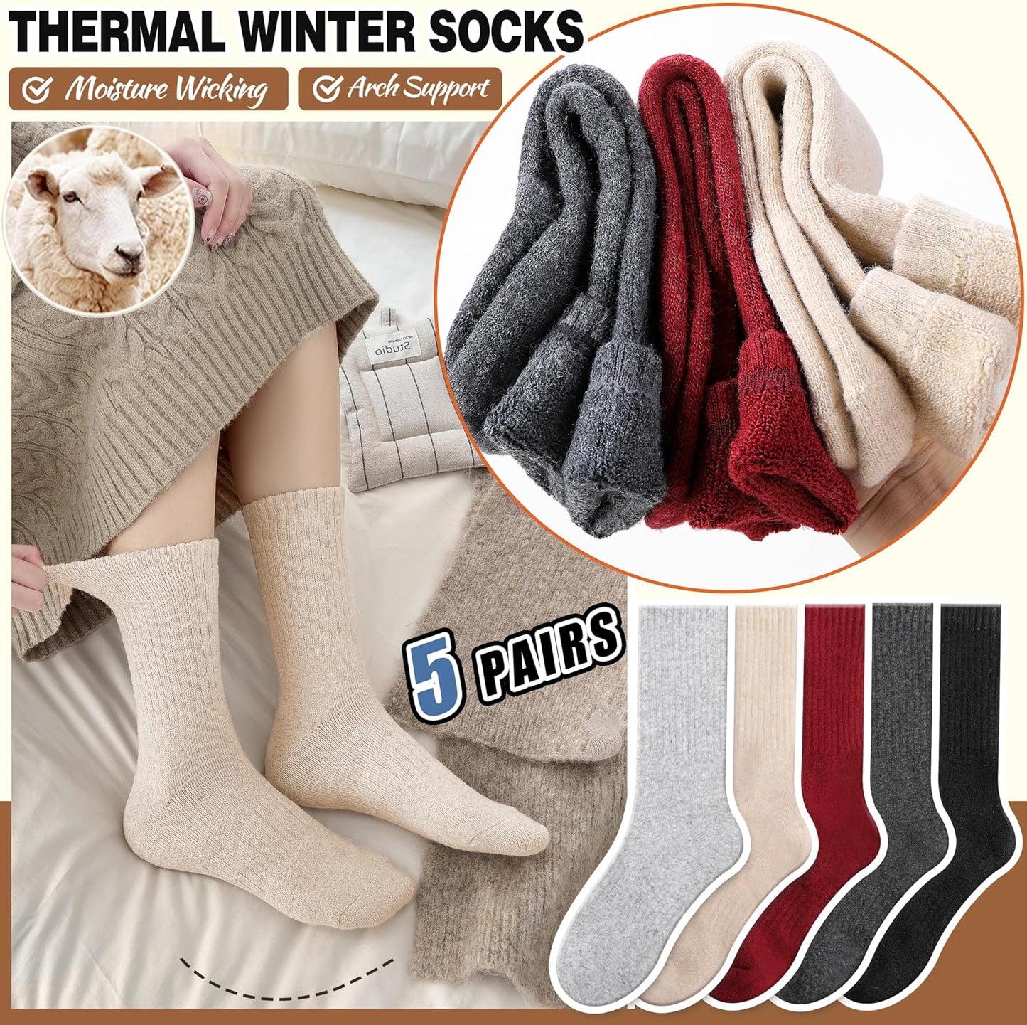 EBMORE Merino Wool Socks for Women Hiking Thermal Warm Winter Thick Boot Cozy Crew Comfy Work Socks for Ladies 5 Pairs
