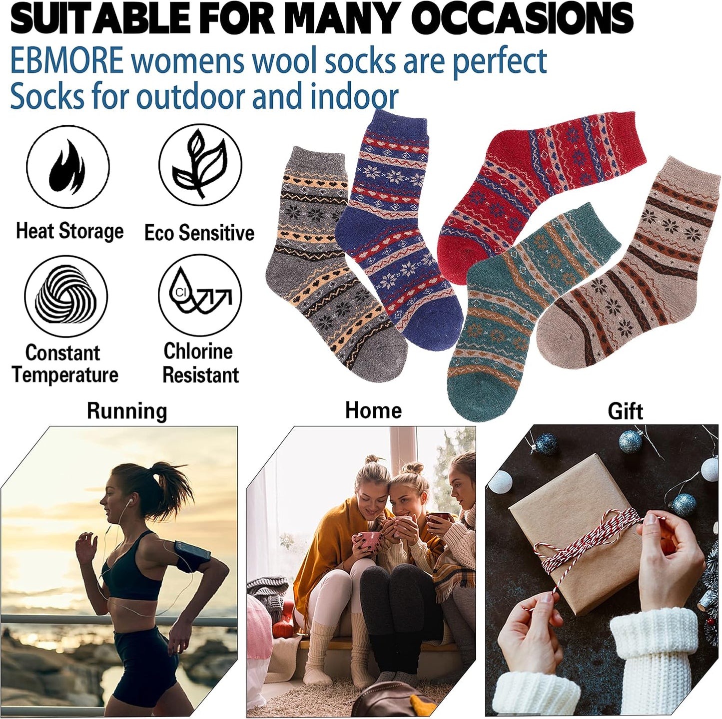 EBMORE Merino Wool Socks for Women Hiking Thermal Warm Winter Thick Boot Cozy Crew Comfy Work Socks for Ladies 5 Pairs