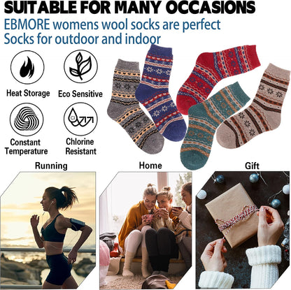 EBMORE Merino Wool Socks for Women Hiking Thermal Warm Winter Thick Boot Cozy Crew Comfy Work Socks for Ladies 5 Pairs