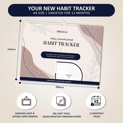 BIROYAL Habit Tracker Calendar 2026 (Undated 12 Months) - Daily Habit Tracker Jounal with Spiral Binding & Hanger - Goal Tracker - Motivational Monthly Habit Calendar - Productivity Tool and Workout Calendar - 8.3" x 11.2" (A4 Size)