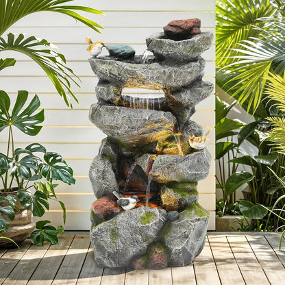19.5" H 4-Tier Indoor & Outdoor Water Fountain with LED Lights | Resin Pebble Textured Tabletop Cascading Water Feature, Relaxing Decor for Patio, Porch, Deck, Yard & Home