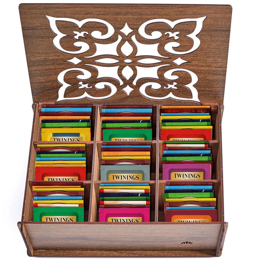 Twinings Tea Sampler Collection – 80 Tea Bags, 22 Flavours/Assorted Tea, Gift Set in Decorative MDF Box – Wooden Organizer Tea Chest Included – Ideal for Family & Friends (Walnut MDF Box)