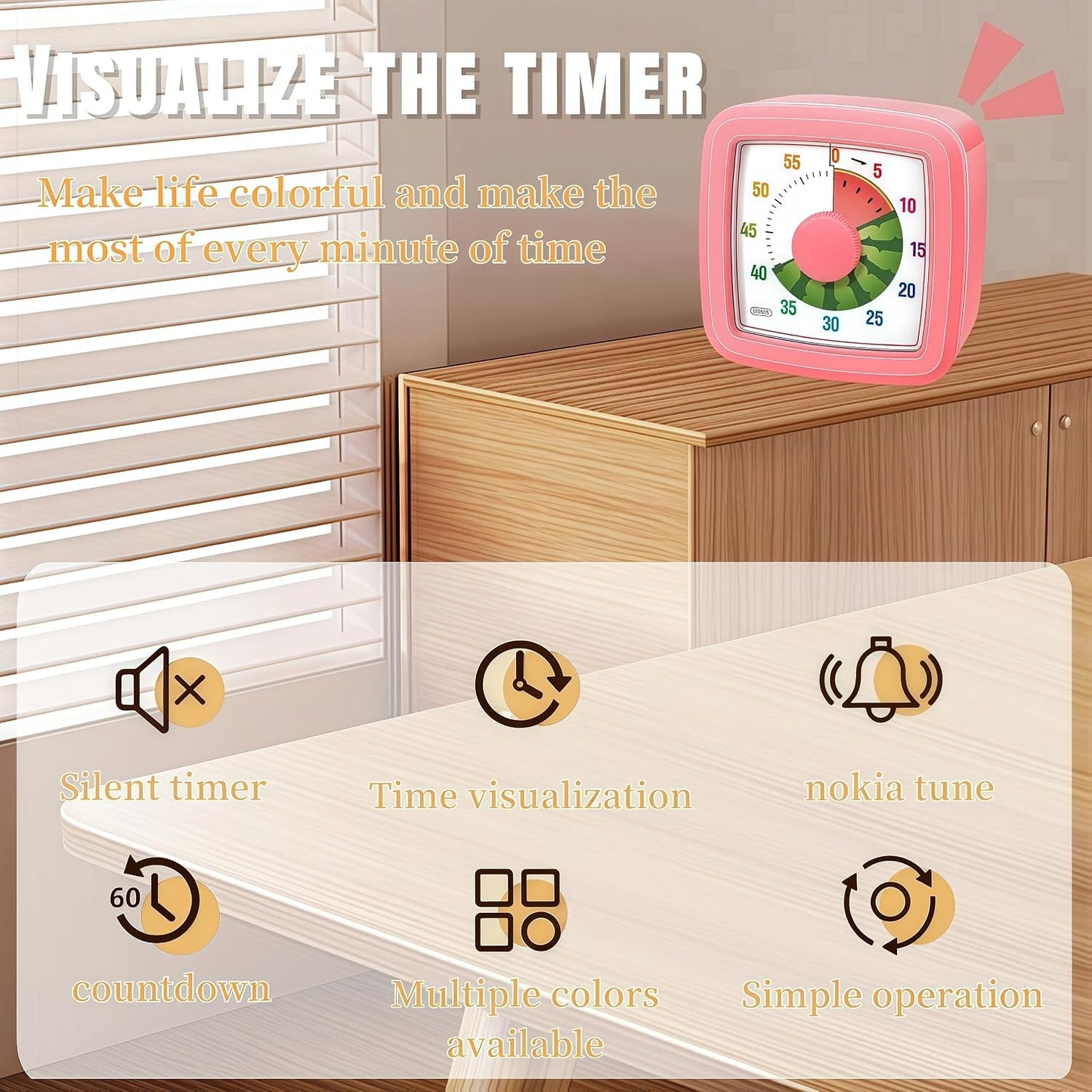 Kids Visual Timer for Kitchen,Classroom,Cooking,Learning,Bedroom,Office, 60-Minute Countdown Pomodoro Timer for Kids with Autism ADHD (Orange Style)