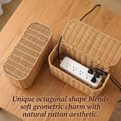 Rattan Cable Management Box, Cord Organizer to Hide Cords & Power Strip