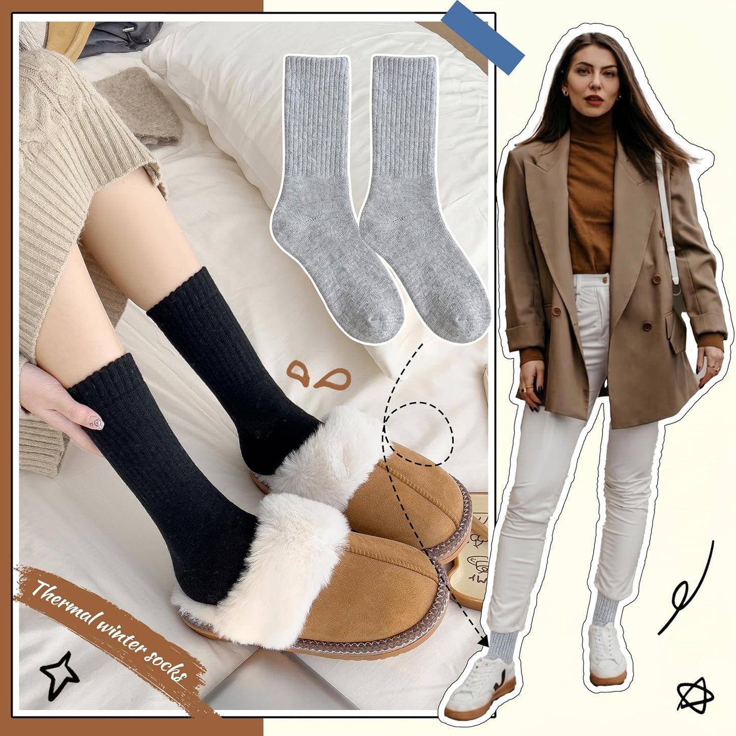 EBMORE 5 Pairs Women Merino Wool Boot Socks Warm Thermal Winter Thick Hiking Cozy Cabin Crew Comfy Socks for Ladies