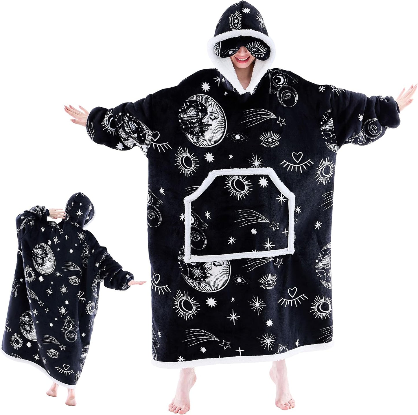 IFNOW Wearable Blanket Hoodie, Oversized Sherpa Fleece Hooded Blanket Sweatshirt with Eye Mask and Pocket, Comfy Long Flannel Blanket for Adults Men,Gifts for Women Mom Girlfriend,MoonFace